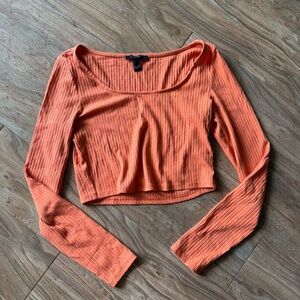 Orange Ribbed Long Sleeve Crop Top
